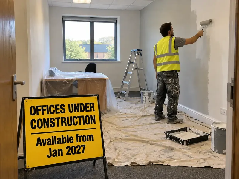 Office being refurbished, with a sign saying available from January 2027